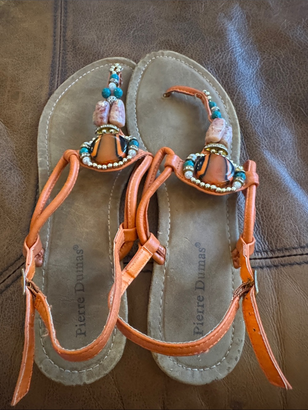 Pierre Dumas Orange Beaded T-Strap Sandals with Turquoise Accents